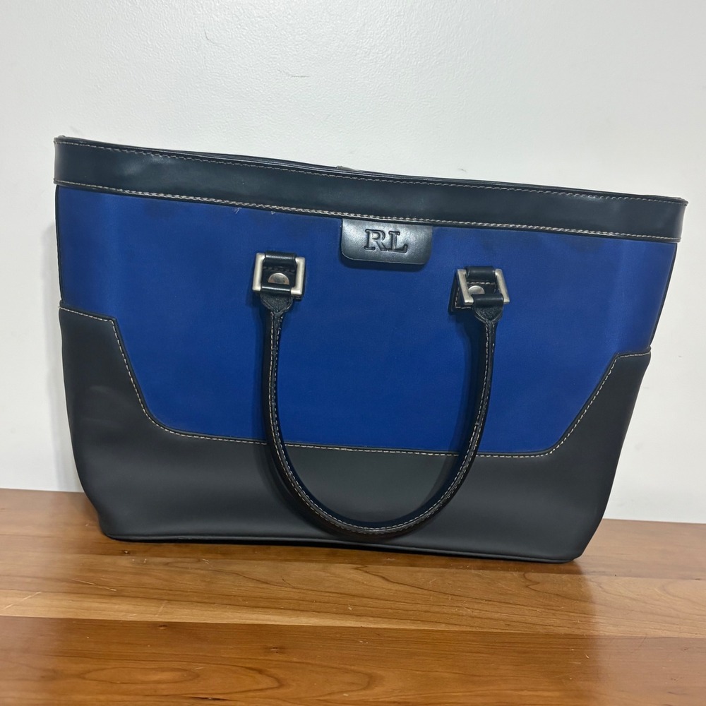Ralph Lauren Tote Bag Royal Blue Nylon Black Trim RL Logo Top Handle Carryall